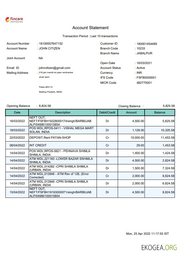 Relevé bancaire India Fincare template Relevé bancaire India Fincare template